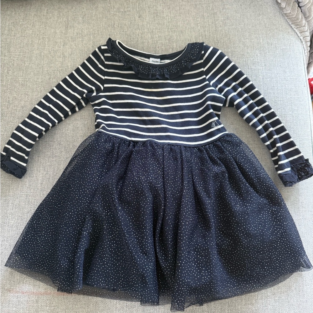 Petit Bateau Navy and White Striped and Sparkly Dot Tutu Dress